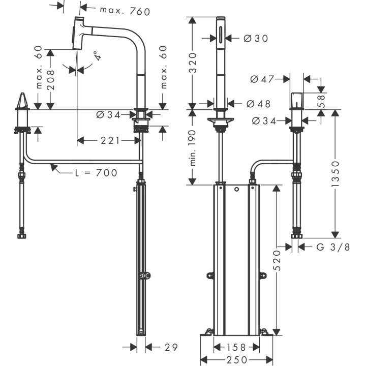 Küchenarmatur Hansgrohe Metris Select M71, mit 2-Anschlüssen, stehend, Höhe 320mm, herausziehbarer Auslauf, Edelstahl 