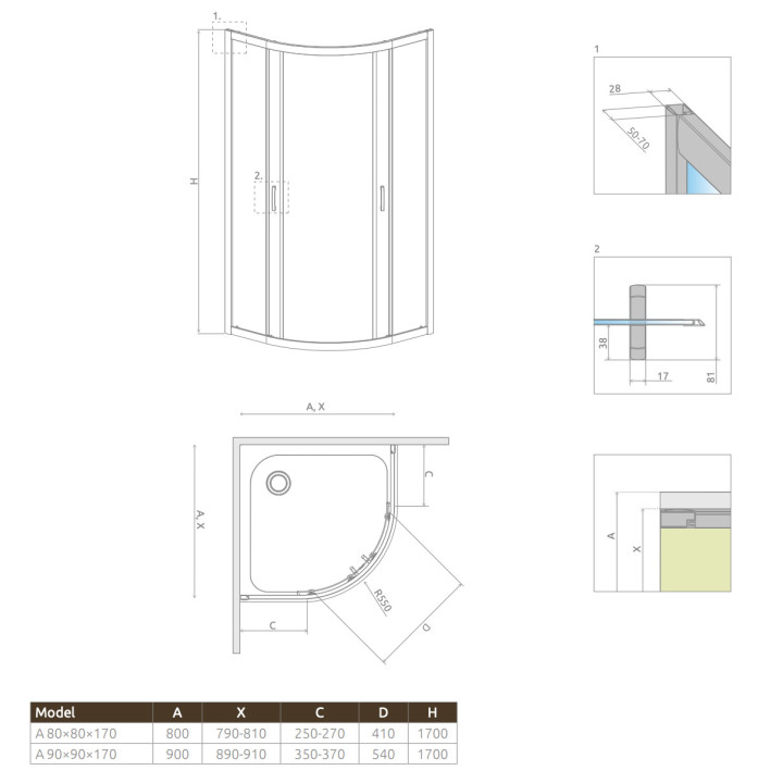 Halbrund Duschkabine Radaway Premium A 1700, 90x90cm, rozsuwana, Glas fabric, profil Chrom