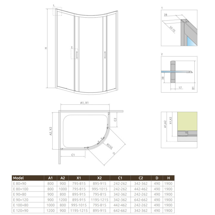 Halbrund Duschkabine Radaway Premium A 1700, 90x90cm, rozsuwana, Glas fabric, profil Chrom