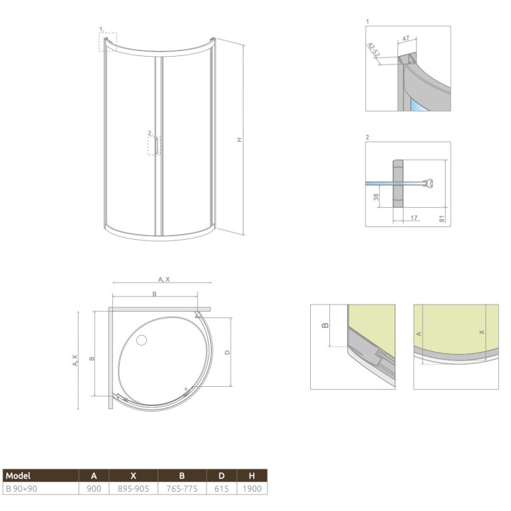 Halbrund Duschkabine Radaway Premium A 1700, 90x90cm, rozsuwana, Glas fabric, profil Chrom