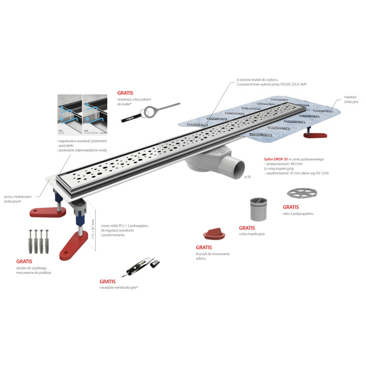 Ablaufrinne, pełny Set,  Wiper New Premium, 1200mm, wzór Ponente, Finish poler