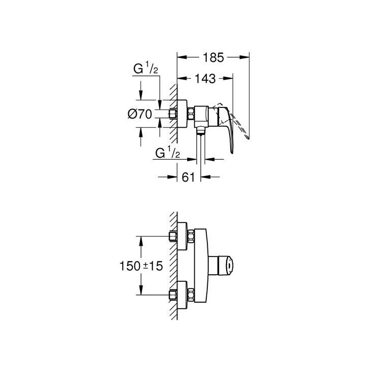 PYTAJ O RABAT ! Brausearmatur Grohe Eurosmart zur Wandmontage, dł. 144mm, Chrom, Einhebel-