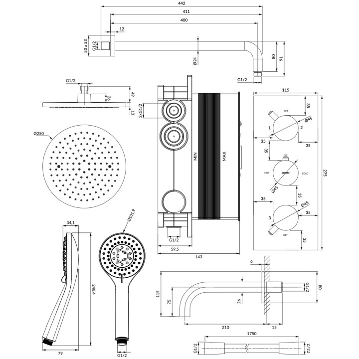 Thermostatisch sytem wannowy Omnires Y, Unterputz, 3 wyjścia wody, Chrom