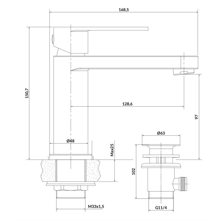 Waschtischarmatur Cersanit Elio, stehend, Höhe 151mm, korek klik-klak, Chrom