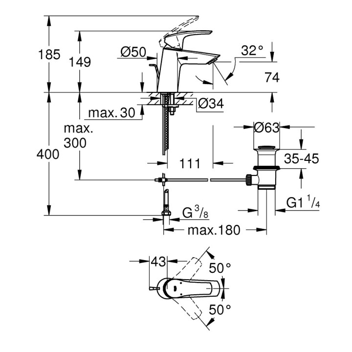 Waschtischarmatur Grohe Eurosmart Professional, stehend, rozmiar S, korek automatyczny, Chrom