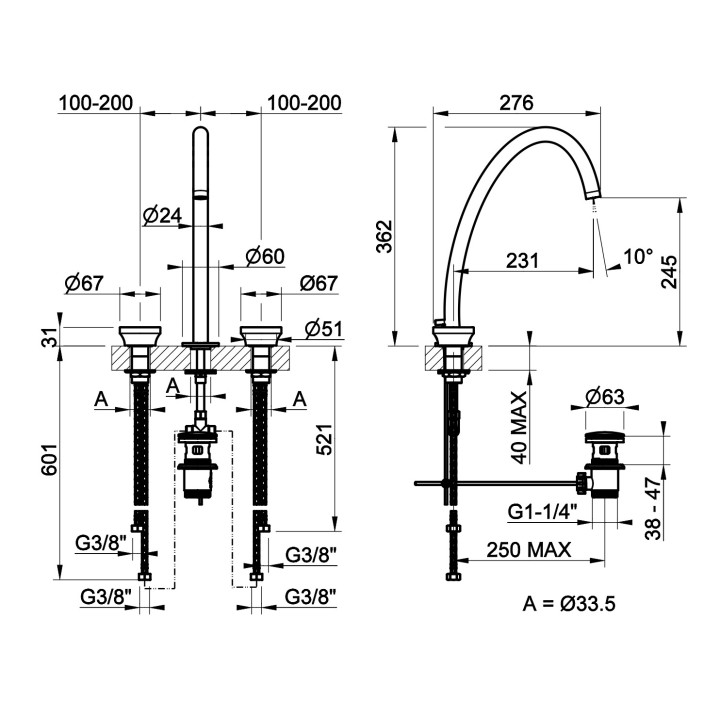 Waschtischarmatur mit 3 anschlüssen Gessi Origini, stehend, Höhe 243mm, korek automatyczny, Chrom