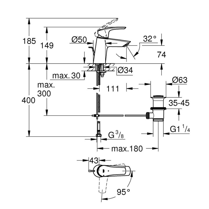 Waschtischarmatur Grohe Eurosmart Professional, stehend, rozmiar S, korek automatyczny, zimna woda w środkowej pozycji uchwytu, 