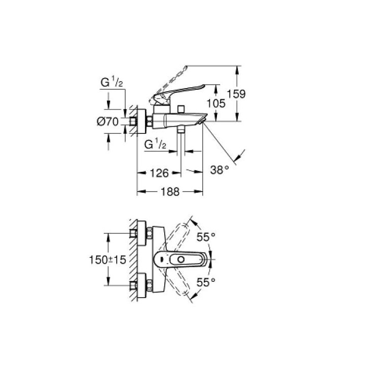 Wannenbatterie Grohe Eurosmart zur Wandmontage, Einhebel-, Chrom