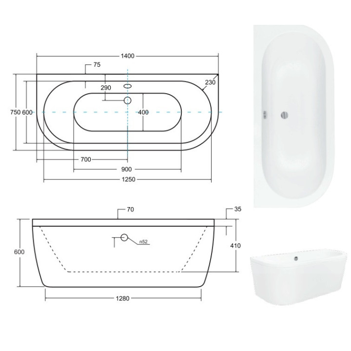 Besco Vista Badewanne freistehend 140x75 cm zur Wandmontage, weiß