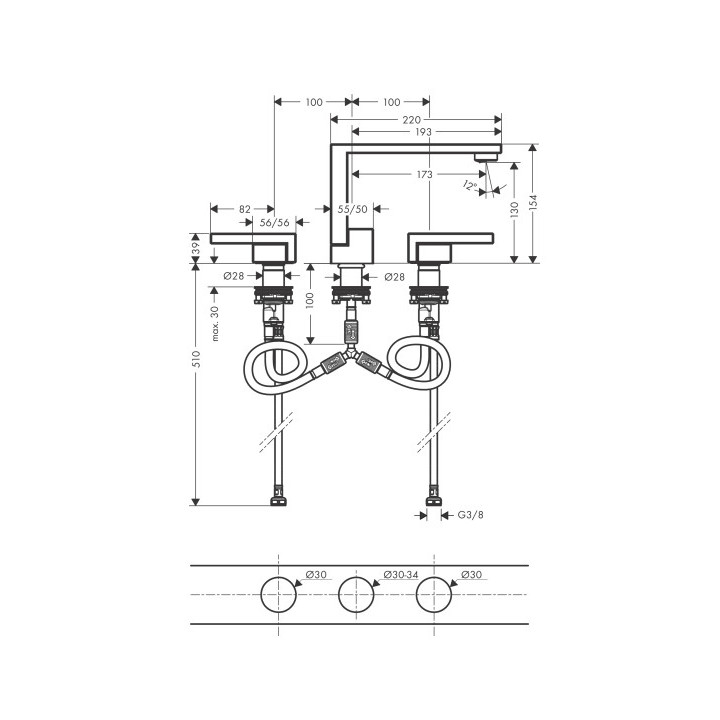 Waschtischarmatur mit 3 anschlüssen Axor Edge, Höhe 110mm, Auslauf 210mm, korek push-open, Chrom