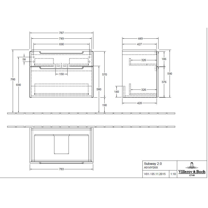 Schrank Unterbau- Villeroy & Boch Avento, 980 x 514 x 484 mm, 2 elementy wysuwane - Crystal White