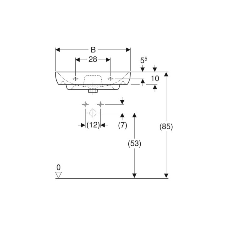 Geberit Smyle Waschtisch, B65cm, H17cm, T48cm, z Überlauf, mit Hahnloch