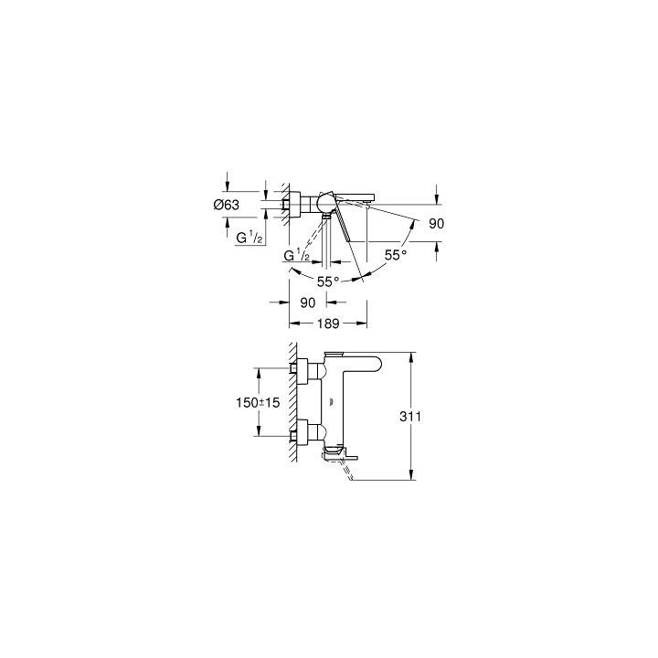 Wannenbatterie Grohe Plus, zur Wandmontage, Einhebel-, Umschalter automatyczny, Chrom