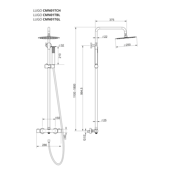 Brause- złota Brausestange Corsan Lugo rund Kopfbrause mit Armatur mieszaczową und drehbarem Auslauf wannową