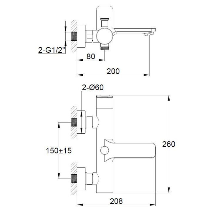 Wannenbatterie Kohlman Axel, Aufputz, Auslauf 205mm, 2 wyjścia wody, schwarz matt