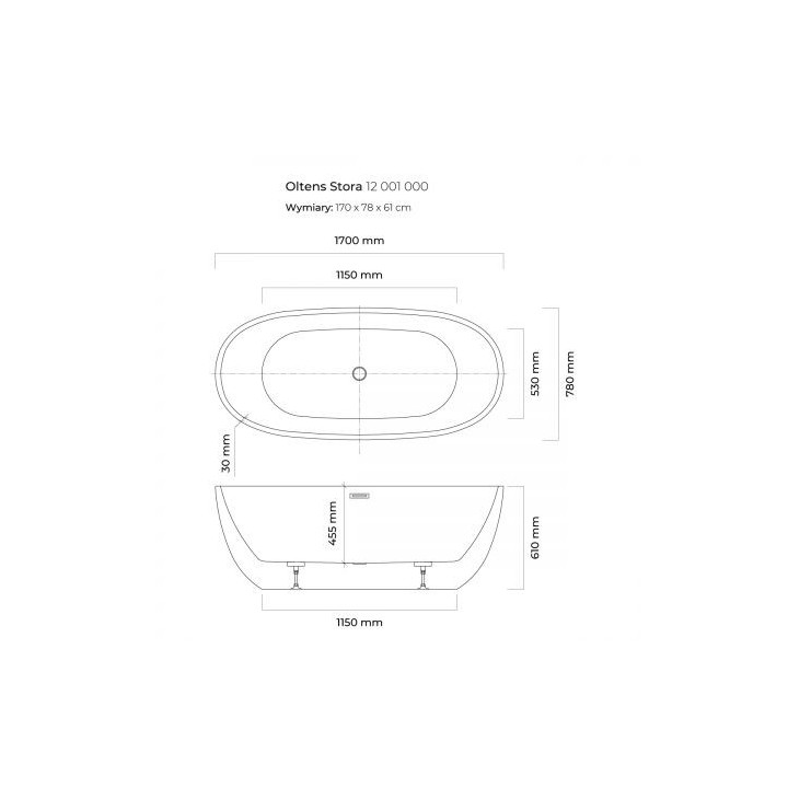 Oltens Stora Badewanne freistehend 170x78 cm oval Acryl- - weiß