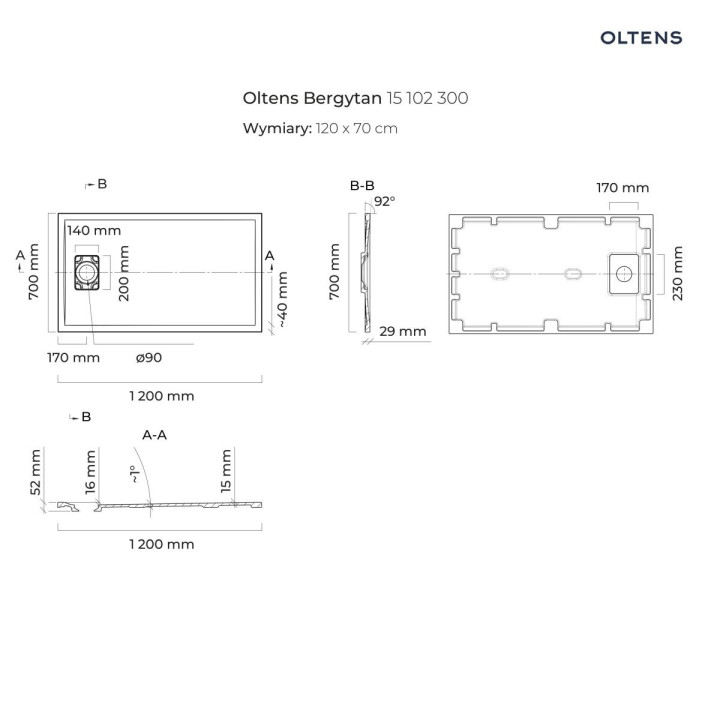 Oltens Bergytan Duschwanne rechteckig 120x70 cm RockSurface - weiß