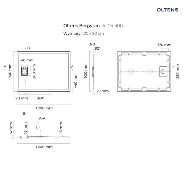 Oltens Bergytan Duschwanne rechteckig 120x90 cm RockSurface - weiß 