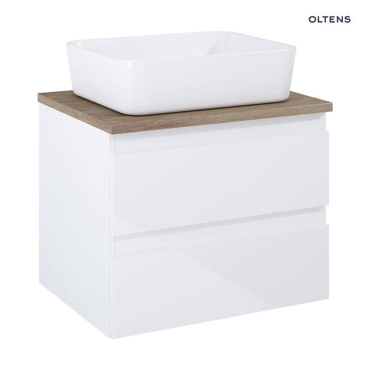 Oltens Vernal Schrank 60 cm Unterbau- hängend weiß Glanz mit Tisch Eiche 