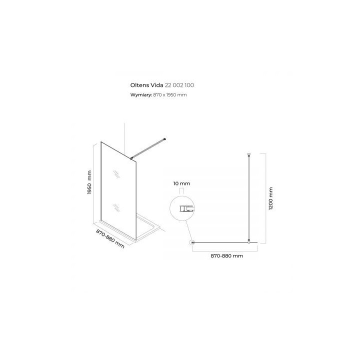 Oltens Bo Duschwand Walk-In 90 cm profil schwarz matt