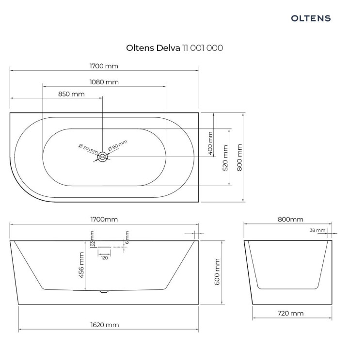 Oltens Delva Badewanne freistehend Eck- 170x80 cm links - weiß