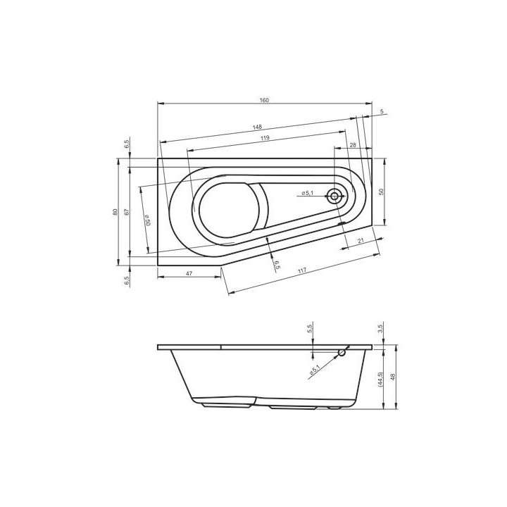 Badewanne Riho Delta Eck- rechts 160x80 cm - weiß Glanz