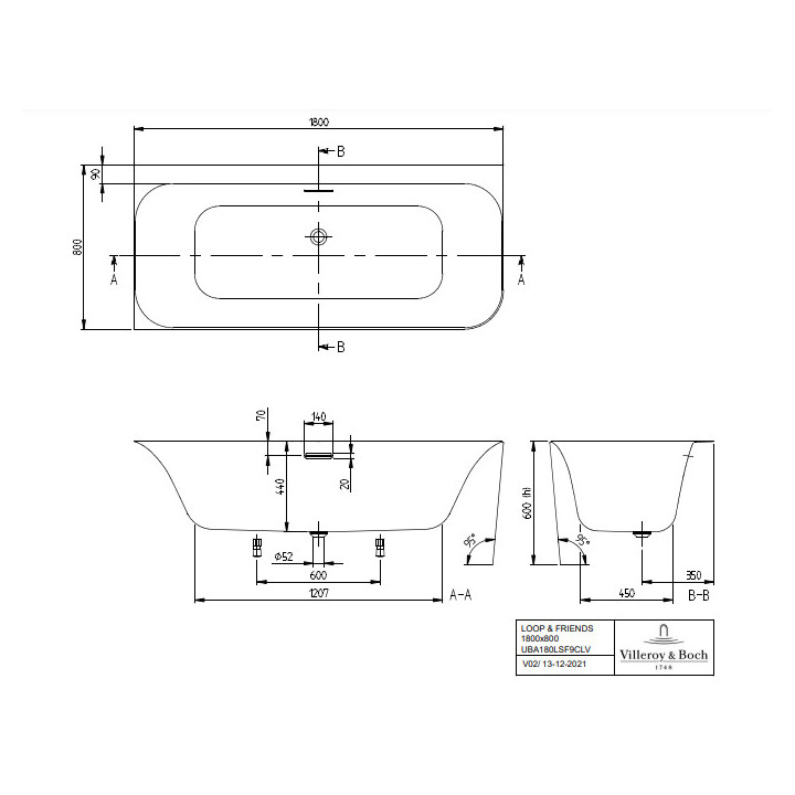 Badewanne zur Wandmontage do montażu narożnego links stronie SQUARE, 1800 x 800 mm, Villeroy & Boch, Loop & Friends - Weiss Alpi