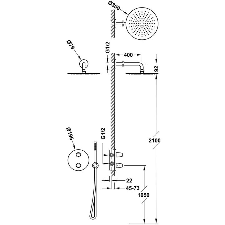 Set baterii termostatycznej Unterputz- 2-drożnej Therm-box prysznicowej, TRES FUJI - Czerń Matt 
