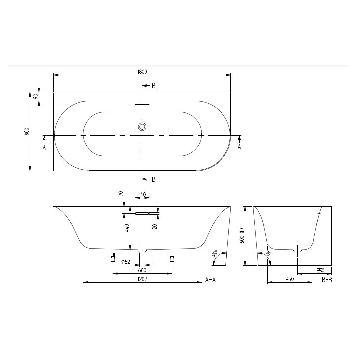 Badewanne zur Wandmontage 180x80 links, Villeroy&Boch Loop&Friends - Weiss Alpin