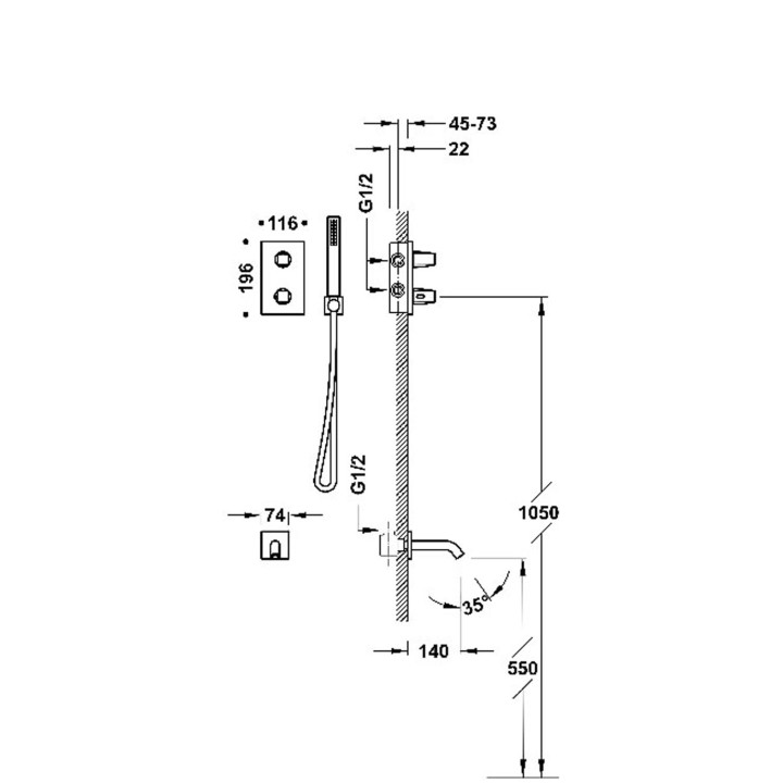 Set baterii termostatycznej Unterputz- 2-drożnej Therm-box prysznicowej i wannowej, TRES THERM-BOX - Chrom 