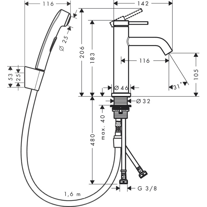 Einhebel- Waschtischarmatur 110 z główką Bidetta i wężem Dusch- 160 cm, Hansgrohe Tecturis S - Chrom  