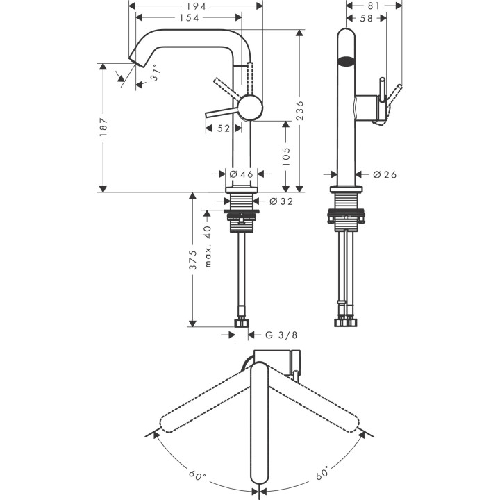 Einhebel- Waschtischarmatur 210 Finie, CoolStart z drehbar wylewką, Mit Ablauf-Set Push-Open, Hansgrohe Tecturis S - Schwarz Mat