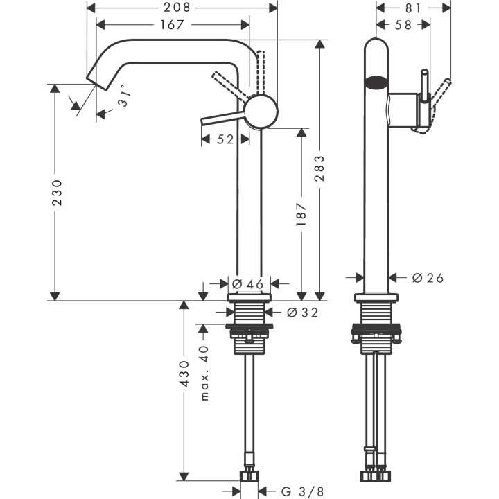 Einhebel- Waschtischarmatur 240 Finie für Aufsatzwaschtische, CoolStart ohne Ablauf-Set, Hansgrohe Tecturis S - Schwarz Matt