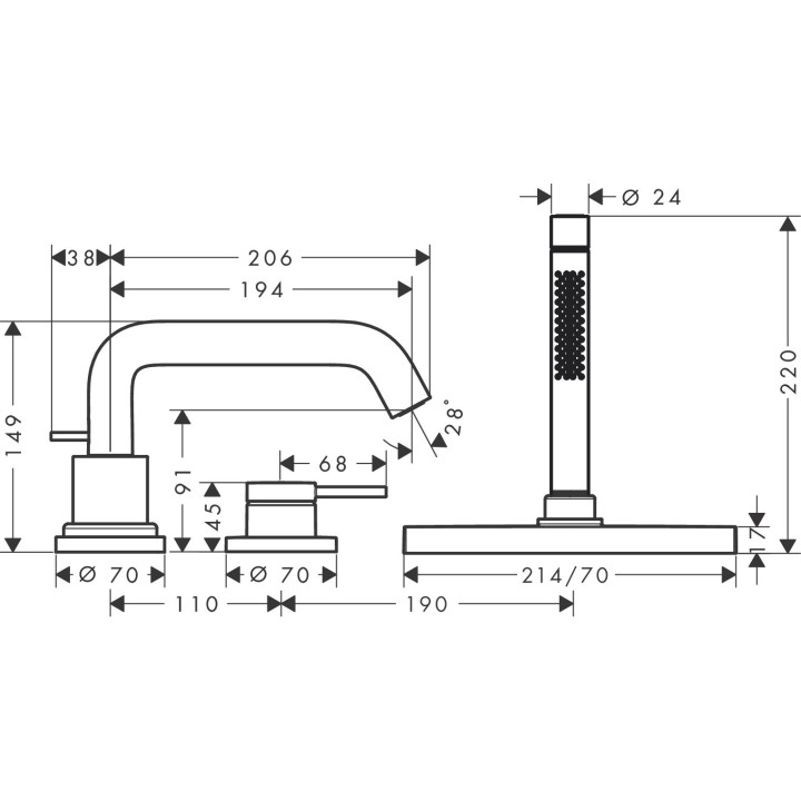 Mit 3 Anschlüssen, Einhebel- Armatur für den Wannenrand z sBox, Außenelement, Hansgrohe Tecturis S - Chrom