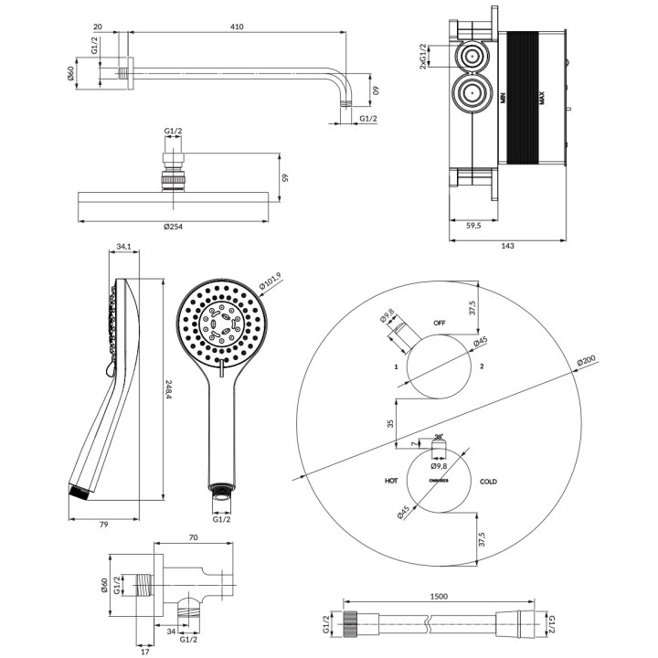 Thermostatisch Dusch-Set Omnires Y, Aufputz-, 2 wyjścia wody, schwarz matt
