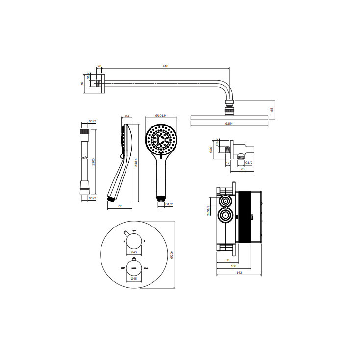 Thermostatisch Duschsystem Unterputz, Omnires Y - Gebürstetes messing 