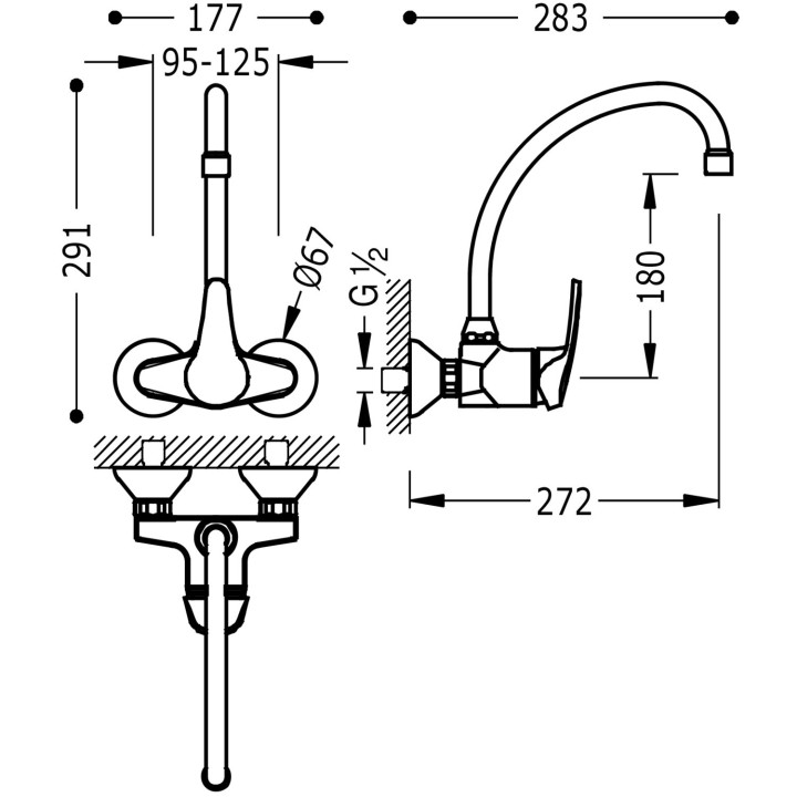 Armatur Einhebel- zur Wandmontage Küchen-, Tres Cocina - Chrom
