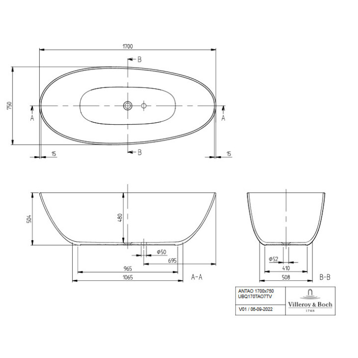 Badewanne freistehend  oval Villeroy & Boch Antao, 170x75cm, Quaryl, morning green
