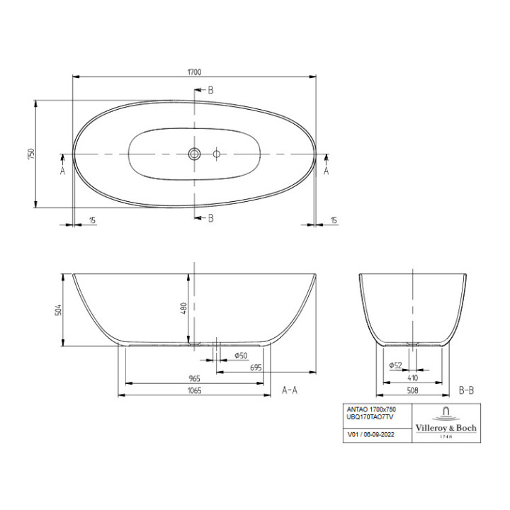 Badewanne freistehend  oval Villeroy & Boch Antao SilentFlow, 170x75cm, Quaryl, szary matt