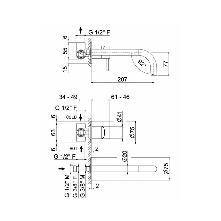 Waschtischarmatur Vema Tiber Steel, Unterputz, mit 2-Anschlüssen, Auslauf 208mm, ohne Stöpsel, rostfreier Stahl inox
