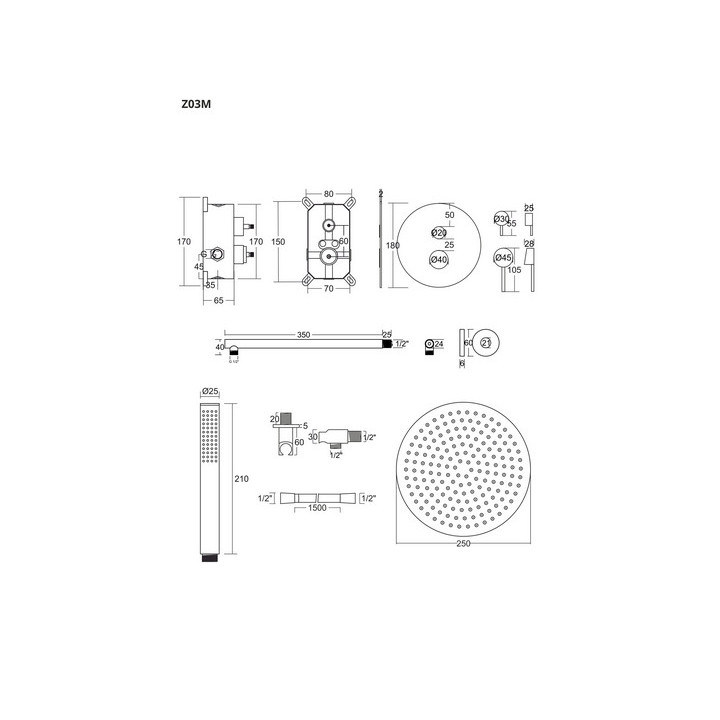 Dusch-set mit Unterputzarmatur und Brause Corsan Ango,Kopfbrause 25cm, Chrom
