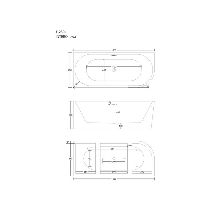 Badewanne freistehend Eck- Corsan Intero , 160x74cm, lewostronna, korek klik-klak Chrom, weiß