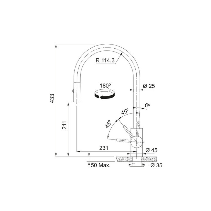 Küchenarmatur Franke Centro pull-out window , Höhe 278mm, obrotowa i herausziehbarer Auslauf,  Chrom