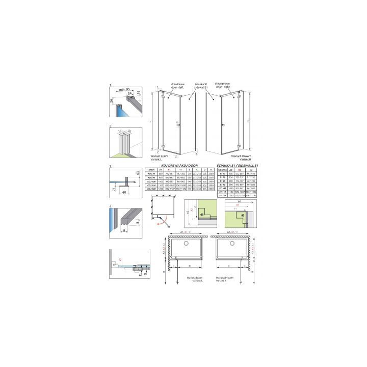 Seitenwand S1 70 Radaway Essenza New Black KDJ 66.7-68.2-200cm, profil schwarz, Glas transparent
