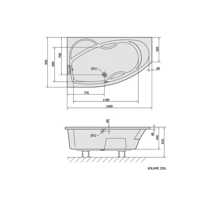 Asymmetrische badewanne 160x80x44cm Polysan PROJEKTA L, links, weiß