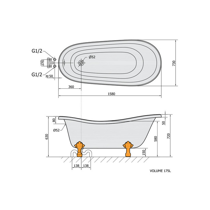 Badewanne freistehend 170x72x63cm Polysan HERHIS, weiß