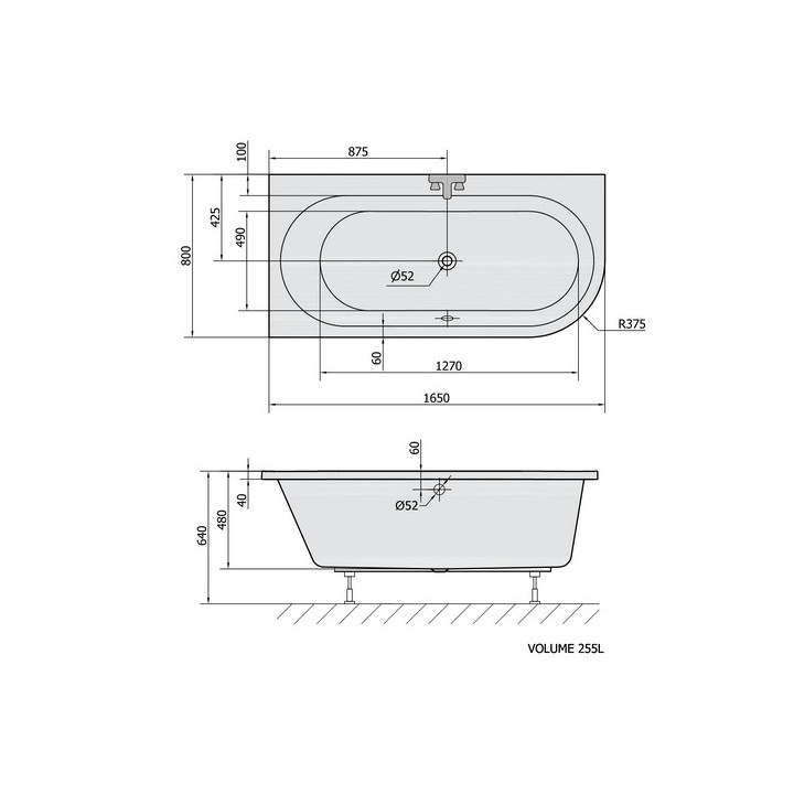 Asymmetrische badewanne 165x90x48cm Polysan ASTRA WL, weiß