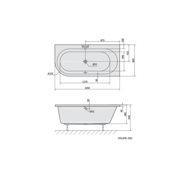 Asymmetrische badewanne 165x90x48cm Polysan ASTRA L, weiß