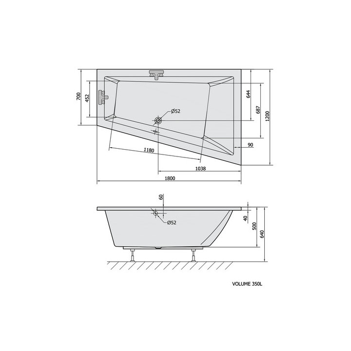 Asymmetrische badewanne 180x120x50cm Polysan TRIANGL L, links,  weiß
