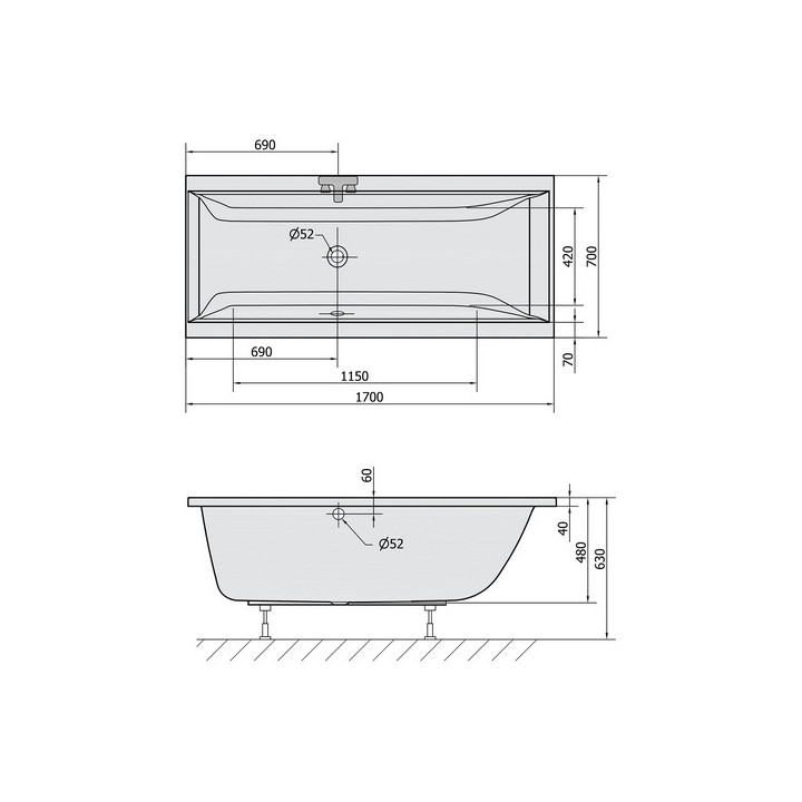 Badewanne rechteckig 160x70x48cm Polysan CLEO, weiß